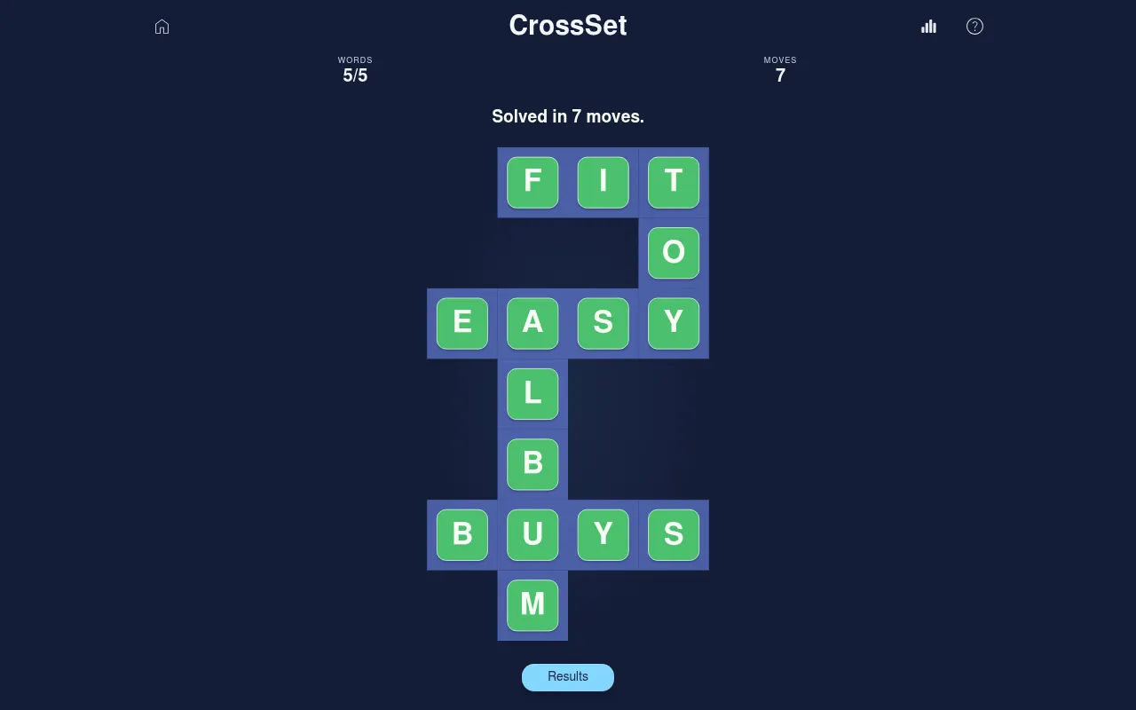 A solved CrossSet board: every tile green, spelling FIT, TOY, EASY, ALBUM and BUYS, with Solved in 7 moves