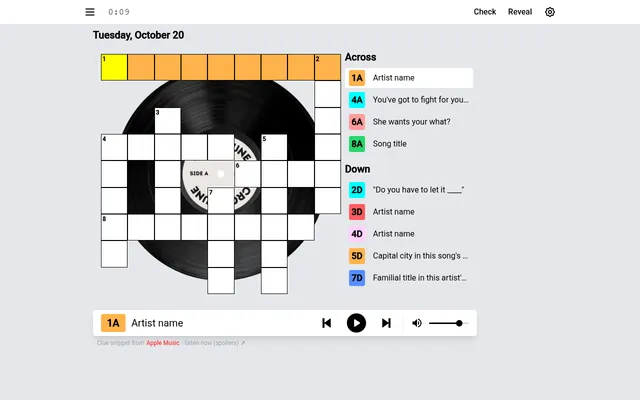 Crosstune's grid for Tuesday 20 October 2026 over a vinyl record, with Across and Down music clues and the song clip player bar below