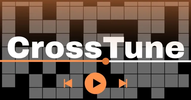 Crosstune title over a crossword grid with a music player bar and play button
