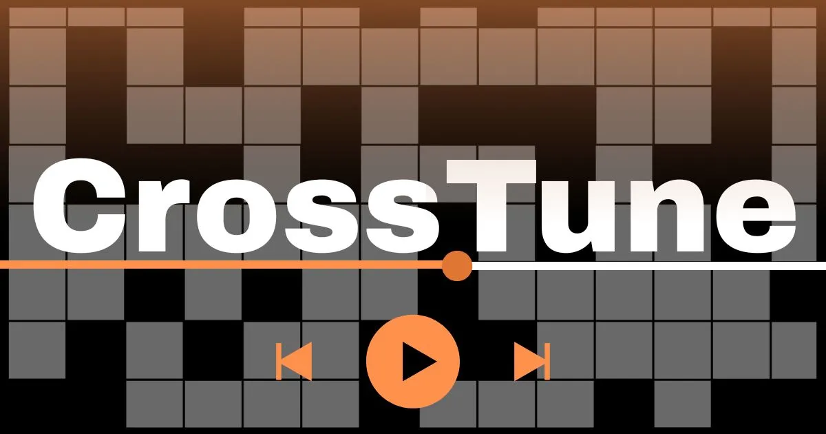 Crosstune title over a crossword grid with a music player bar and play button