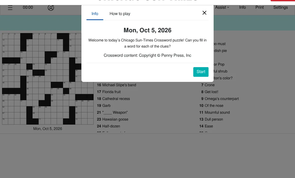 The Chicago Sun-Times Crossword for Mon, Oct 5, 2026: a 15x15 grid and its across and down clues, with the info panel crediting Penny Press and a Start button