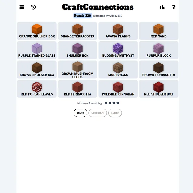 CraftConnections play screen: the title and Puzzle 330 submitted by Adiboy432, a four-by-four grid of Minecraft block tiles (shulker boxes, terracotta, planks and more) shown with their art and names,