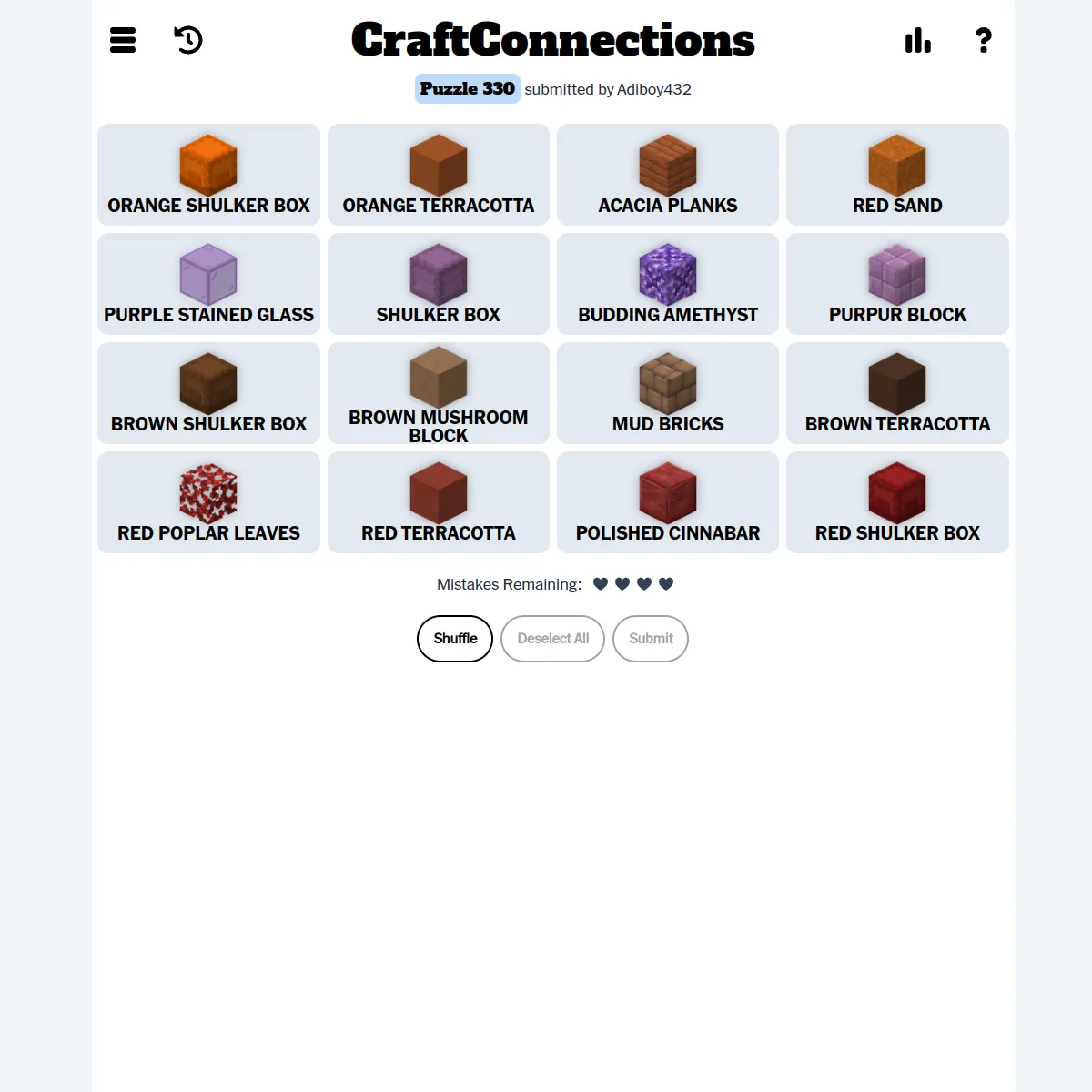CraftConnections play screen: the title and Puzzle 330 submitted by Adiboy432, a four-by-four grid of Minecraft block tiles (shulker boxes, terracotta, planks and more) shown with their art and names,
