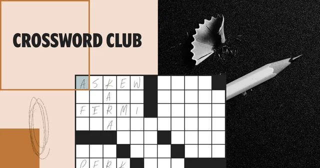 Crossword Club share art: a crossword grid with ASKEW and FERMI pencilled in, beside the words CROSSWORD CLUB and a sharpened pencil