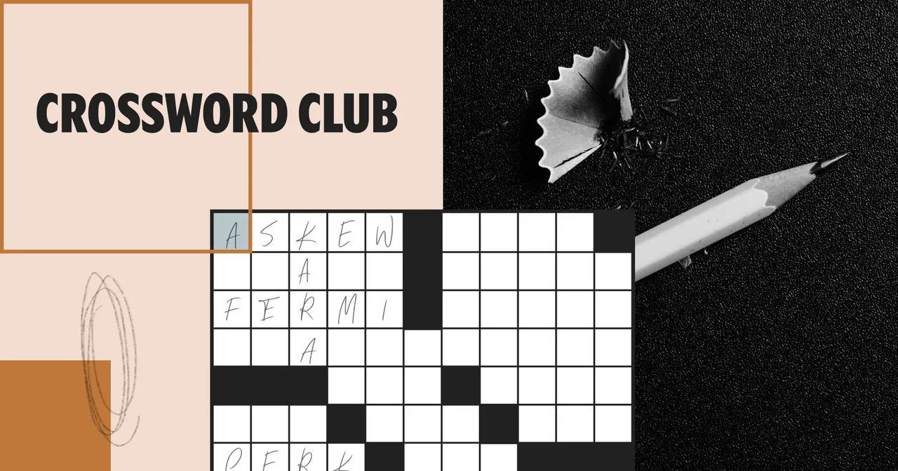 Crossword Club share art: a crossword grid with ASKEW and FERMI pencilled in, beside the words CROSSWORD CLUB and a sharpened pencil