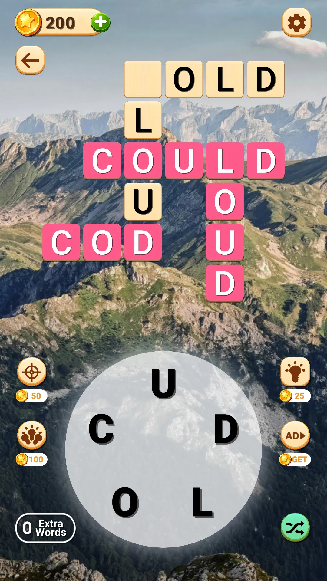 Crossword Daily Challenge: COULD, CLOUD, LOUD and COD crossing in a grid above a wheel of the letters U, C, D, O and L