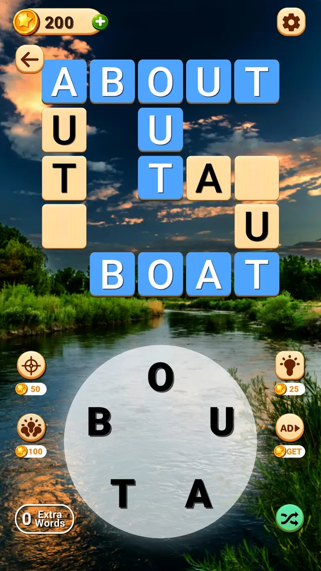 Crossword Daily Challenge: a crossing grid with ABOUT, OUT and BOAT filled in above a wheel of the letters O, B, U, T and A
