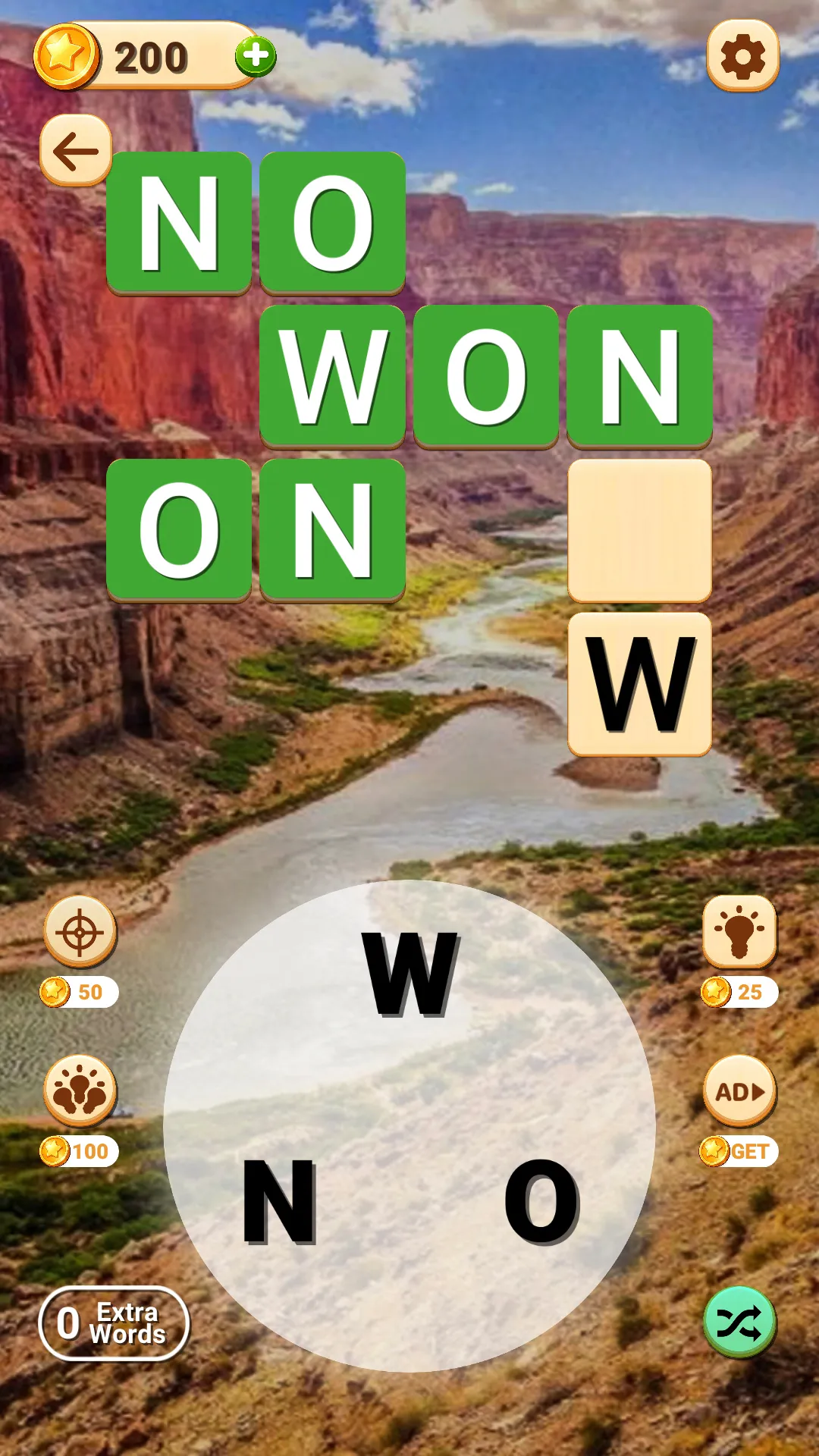 Crossword Daily Challenge: a small grid with NO, WON and ON solved and a letter wheel of W, N and O