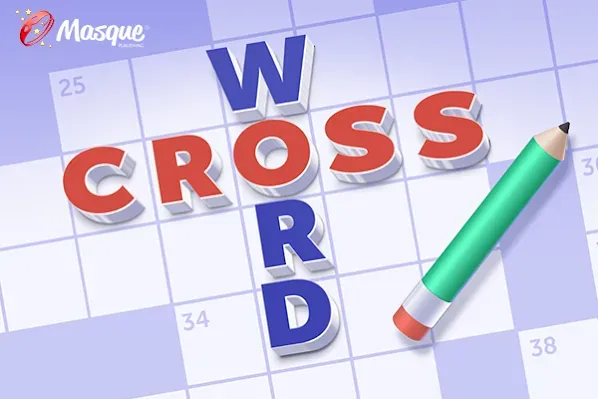 The words CROSS and WORD crossing over a numbered crossword grid with a green pencil
