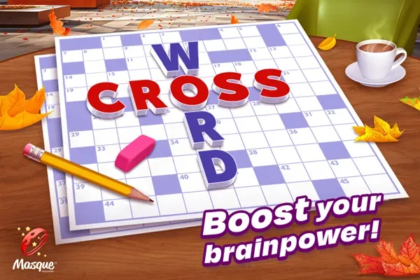 The Crossword title in red and blue tiles laid across a printed crossword grid on a table, with a pencil, eraser and a cup of coffee