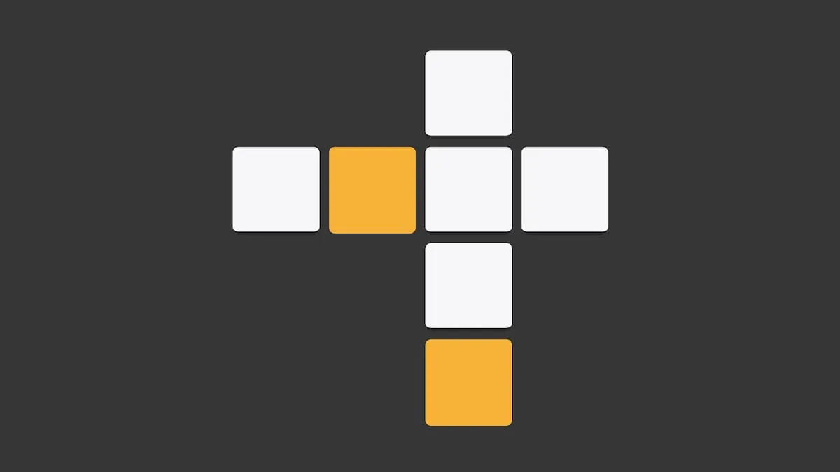 Crossword section artwork: white and yellow tiles forming crossing words on a dark background
