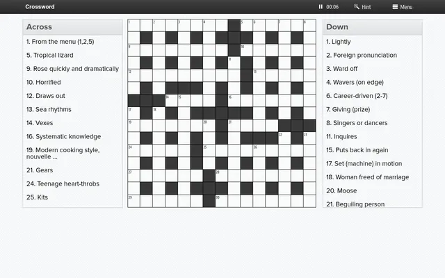 The NZ Herald crossword for Tuesday 6 October: an empty 15x15 grid between the Across and Down clue lists, with a timer and Hint button