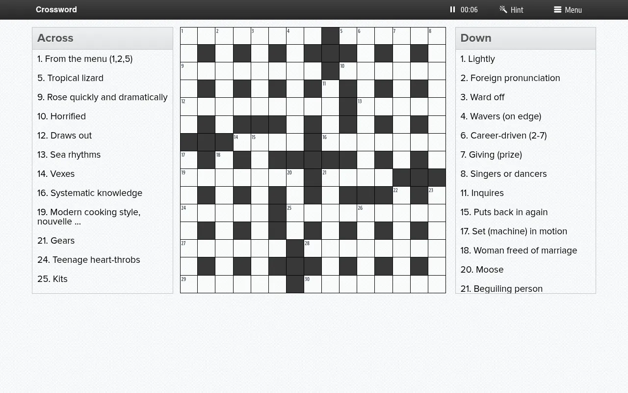 The NZ Herald crossword for Tuesday 6 October: an empty 15x15 grid between the Across and Down clue lists, with a timer and Hint button