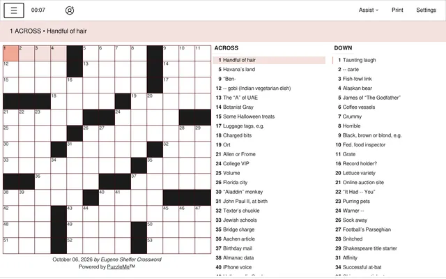 The Indian Express crossword for October 6, 2026, the Eugene Sheffer Crossword: an empty 13x13 grid with black squares, 1 Across Handful of hair highlighted, and the Across and Down clues beside it in