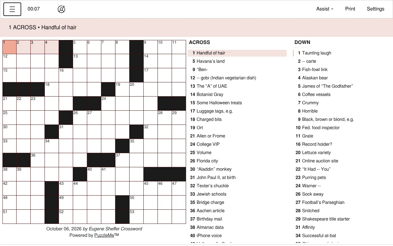 The Indian Express crossword for October 6, 2026, the Eugene Sheffer Crossword: an empty 13x13 grid with black squares, 1 Across Handful of hair highlighted, and the Across and Down clues beside it in