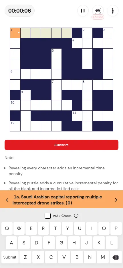 The Times of India crossword at phone size: today's grid above a Submit button, the clue bar for 1 Across and the game's own on-screen keyboard with Auto Check