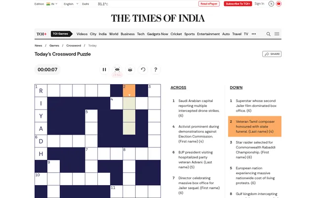 The Times of India crossword for 19 October 2026 on desktop: the 10 by 10 grid with letters typed in the first column, the timer and help buttons, and news-based Across and Down clues