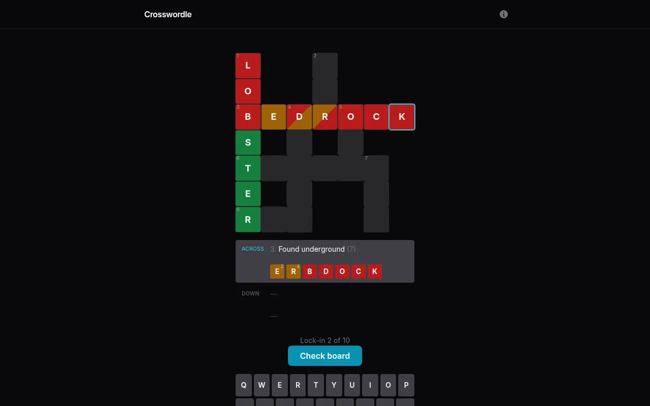 Today's Crosswordle 7x7 grid after one lock-in: LOBSTER down and BEDROCK across marked in green, yellow and red, with split colours on crossing squares and the clue bar below