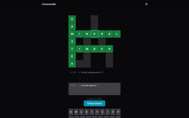 Today's Crosswordle grid after a lock-in: HAMSTER down with MINERAL and TIMBER across all turned green, the other slots still empty