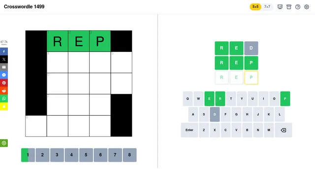 Crosswordle 1499 on 26 October 2026: 1 Across solved as REP in green after a first guess of RED, beside the guess rows and an on-screen keyboard
