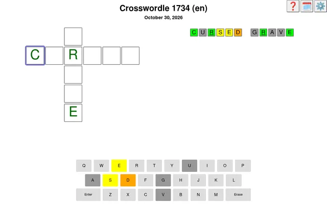 Crosswordle 1734 for October 30, 2026 at desktop size: a six-letter across word crossing a five-letter down word, with the guess CURSED GRAVE clued in green, yellow, orange and grey