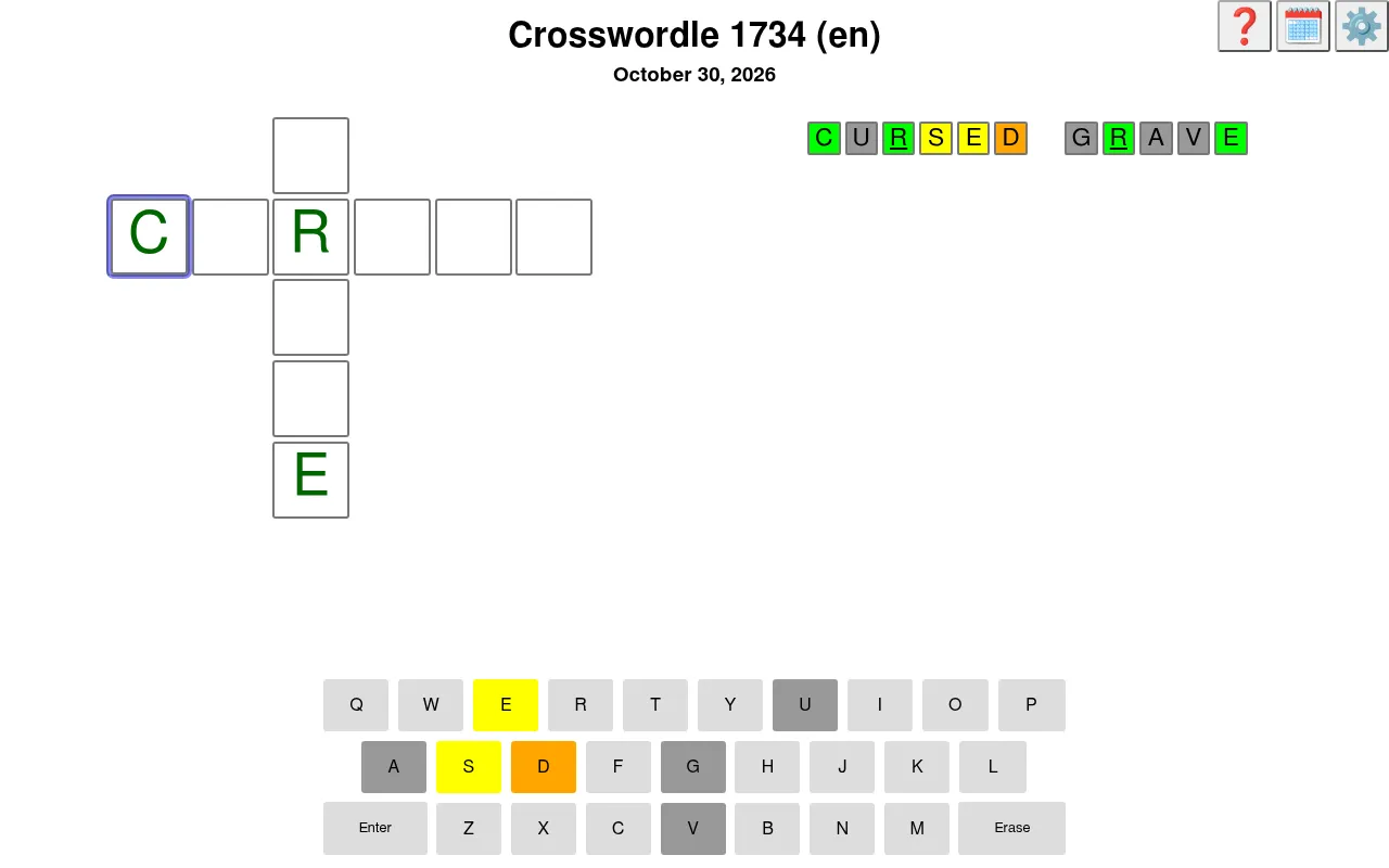Crosswordle 1734 for October 30, 2026 at desktop size: a six-letter across word crossing a five-letter down word, with the guess CURSED GRAVE clued in green, yellow, orange and grey