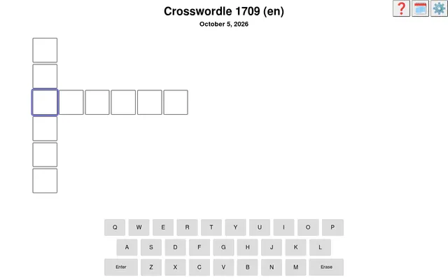 Crosswordle 1709 for October 5, 2026: an empty six-letter down word crossing an empty six-letter across word, above the on-screen keyboard