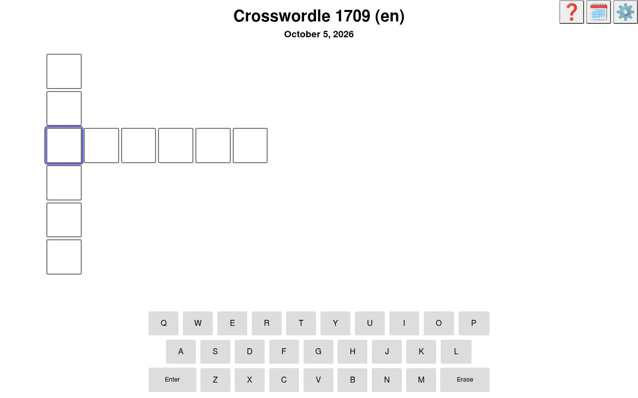 Crosswordle 1709 for October 5, 2026: an empty six-letter down word crossing an empty six-letter across word, above the on-screen keyboard