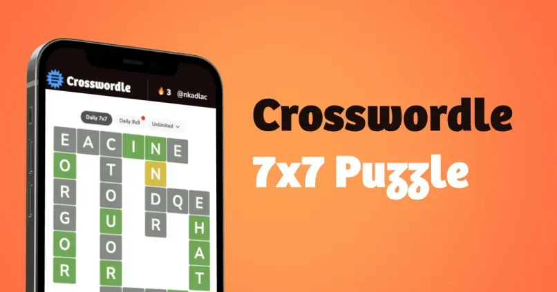 A phone showing a Crosswordle 7x7 grid of crossing words with green and yellow letters