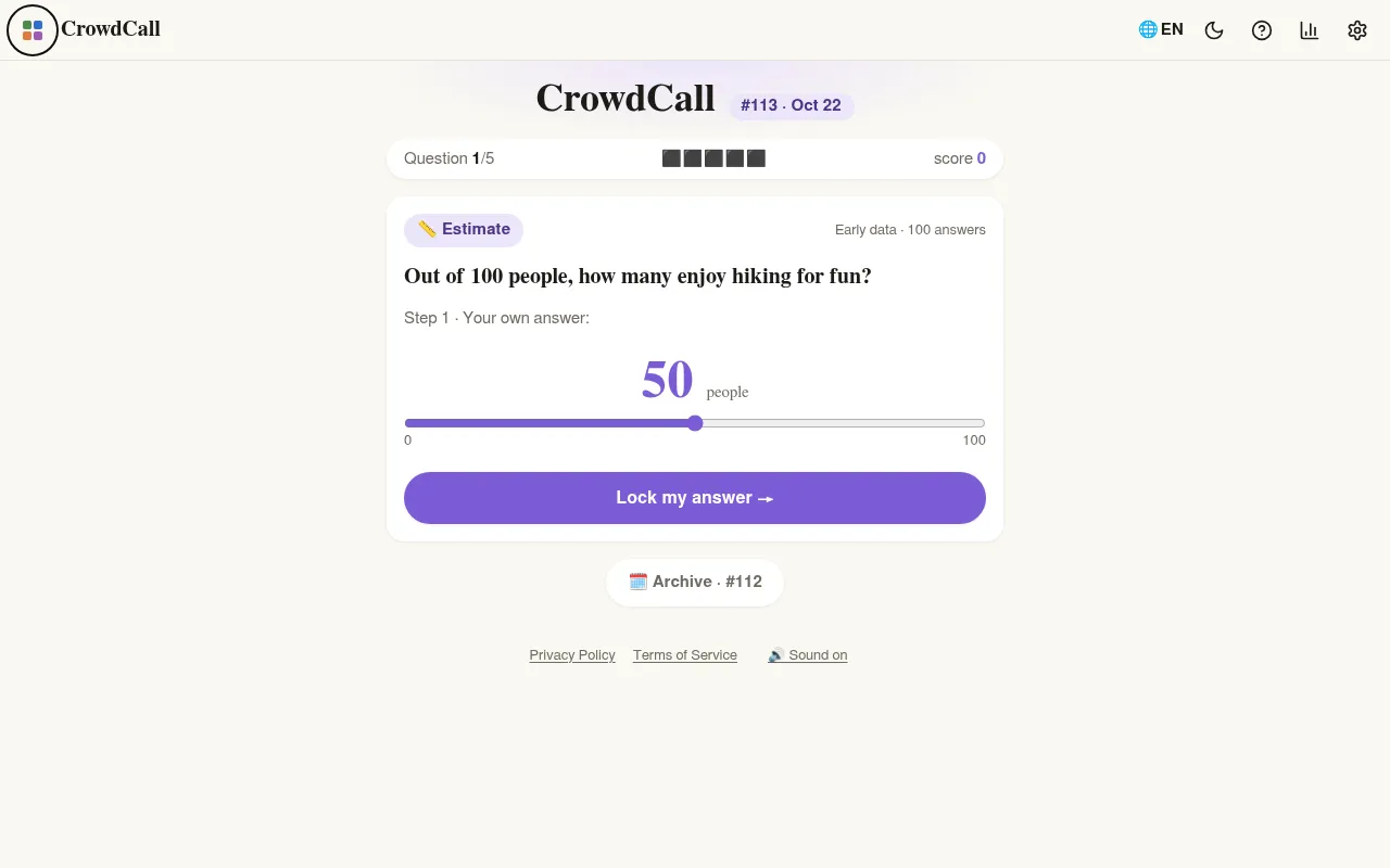 CrowdCall #113 for October 22: question 1 of 5, an estimate asking how many of 100 people enjoy hiking for fun, with a slider set to 50 and a Lock my answer button