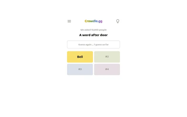 Crowdle's board for 19 October 2026: the prompt A word after door, asked of 10,000 people, with Bell found as the #1 answer and tiles #2 to #4 still empty
