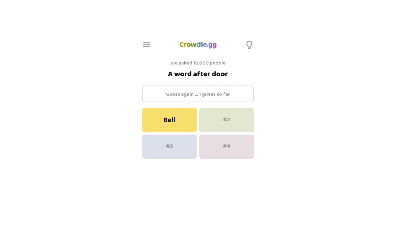 Crowdle's board for 19 October 2026: the prompt A word after door, asked of 10,000 people, with Bell found as the #1 answer and tiles #2 to #4 still empty