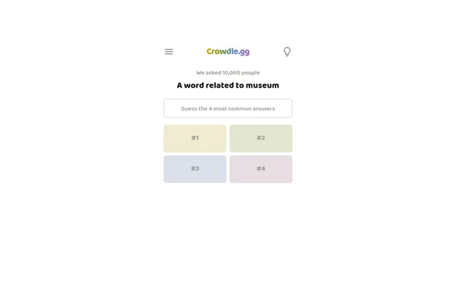 Crowdle's daily prompt, A word related to museum, asked of 10,000 people, with four empty answer tiles numbered 1 to 4