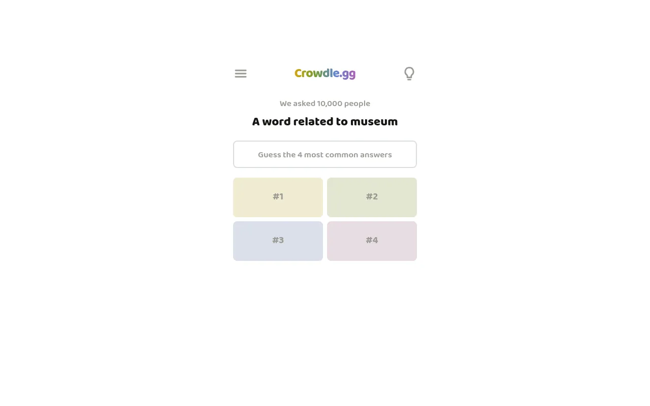 Crowdle's daily prompt, A word related to museum, asked of 10,000 people, with four empty answer tiles numbered 1 to 4