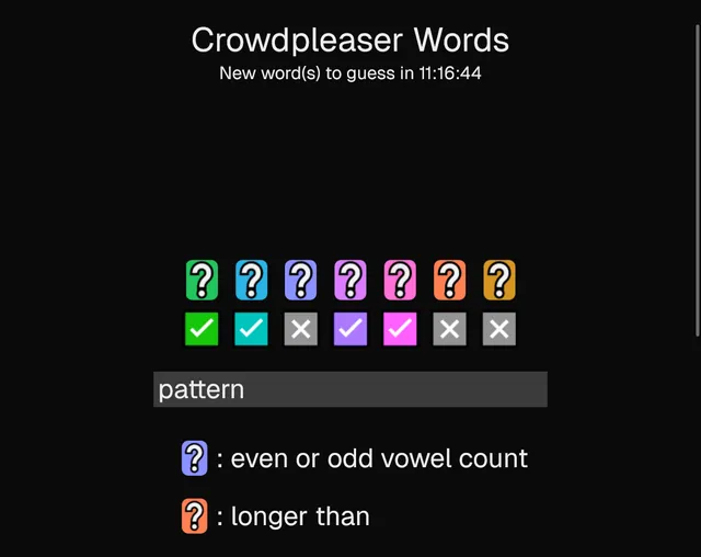 Crowdpleaser Words with seven coloured judges, ticks and crosses under the typed word pattern, and notes on two rules