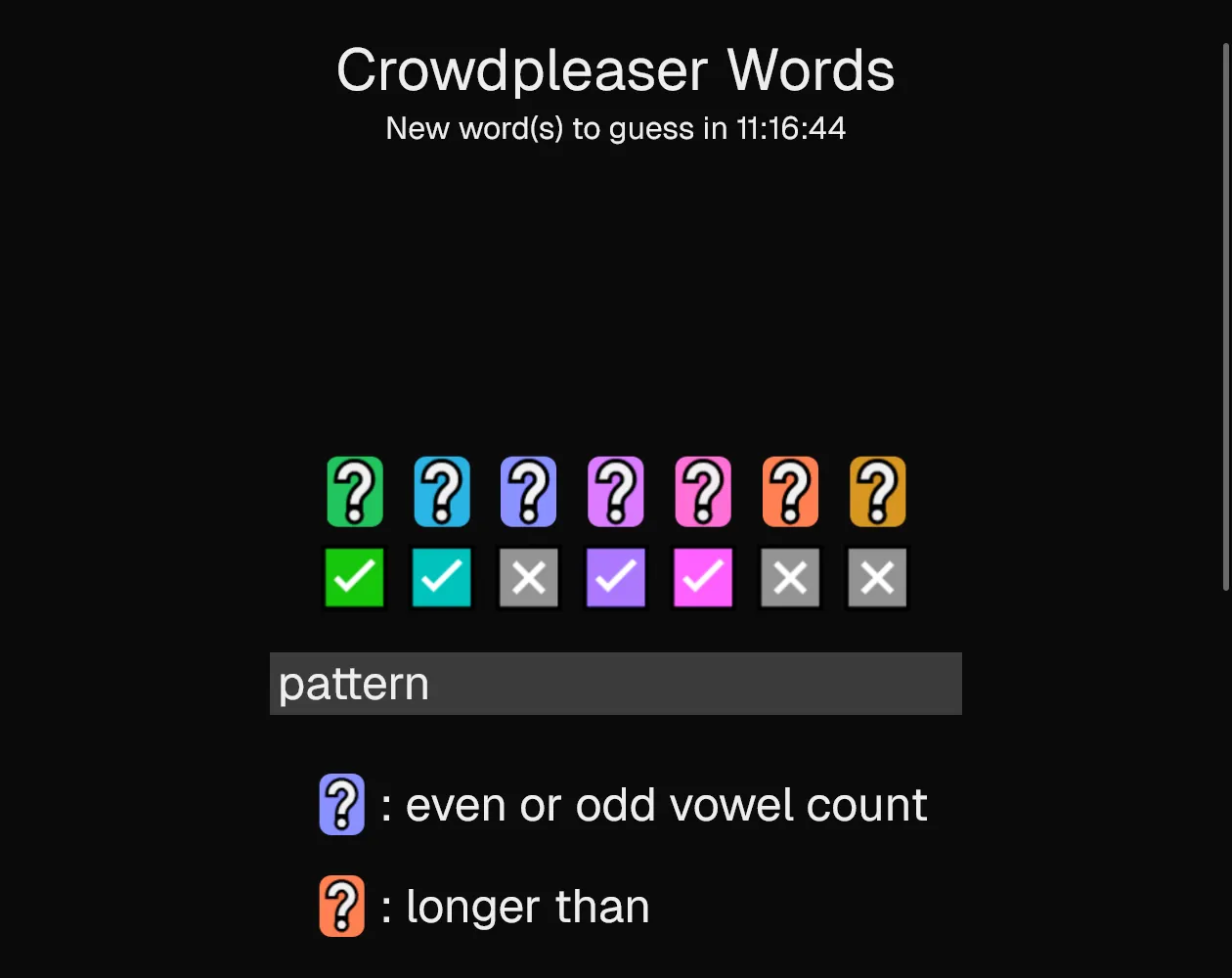 Crowdpleaser Words with seven coloured judges, ticks and crosses under the typed word pattern, and notes on two rules