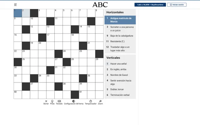 ABC's Fácil crossword: an empty Spanish-style grid with black squares beside the Horizontales and Verticales clue lists