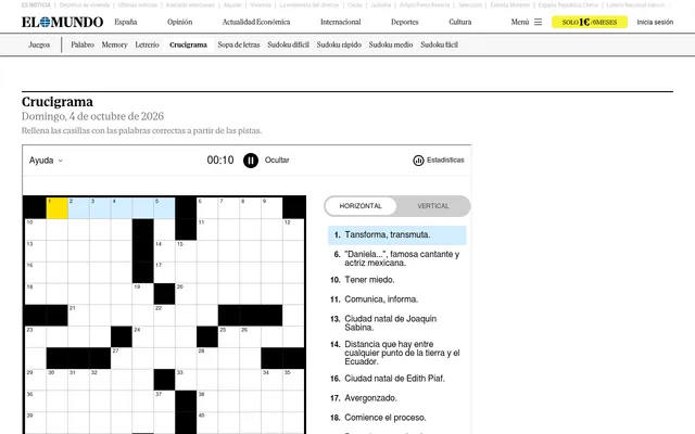 El Mundo Crucigrama for Sunday 4 October 2026: the numbered crossword grid with the first across entry highlighted, a timer, and the horizontal clues listed beside it