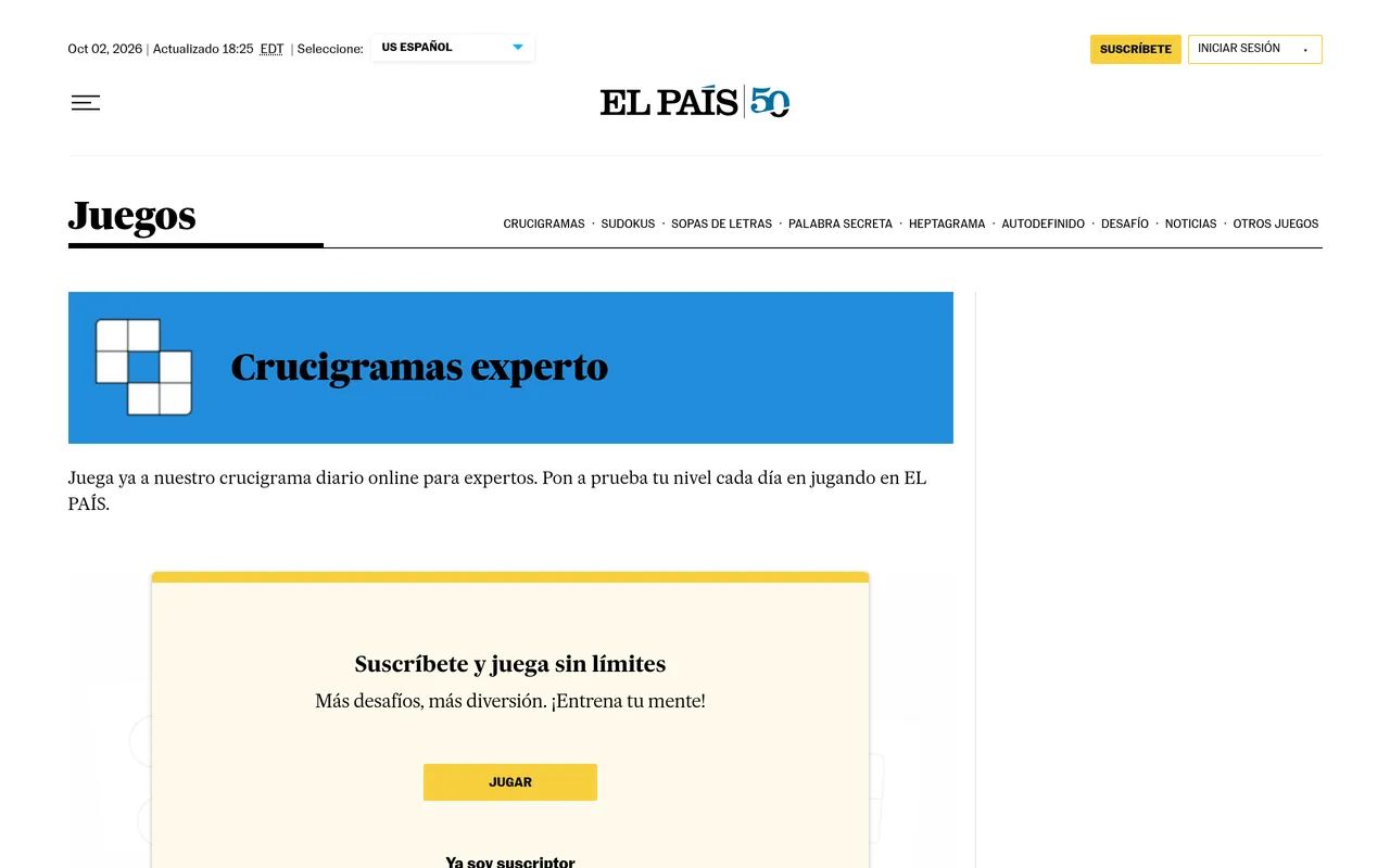 El País Juegos page for Crucigramas experto with a crossword icon and the line Juega ya a nuestro crucigrama diario online para expertos, plus the games nav (Crucigramas, Sudokus, Sopas de letras, Aut