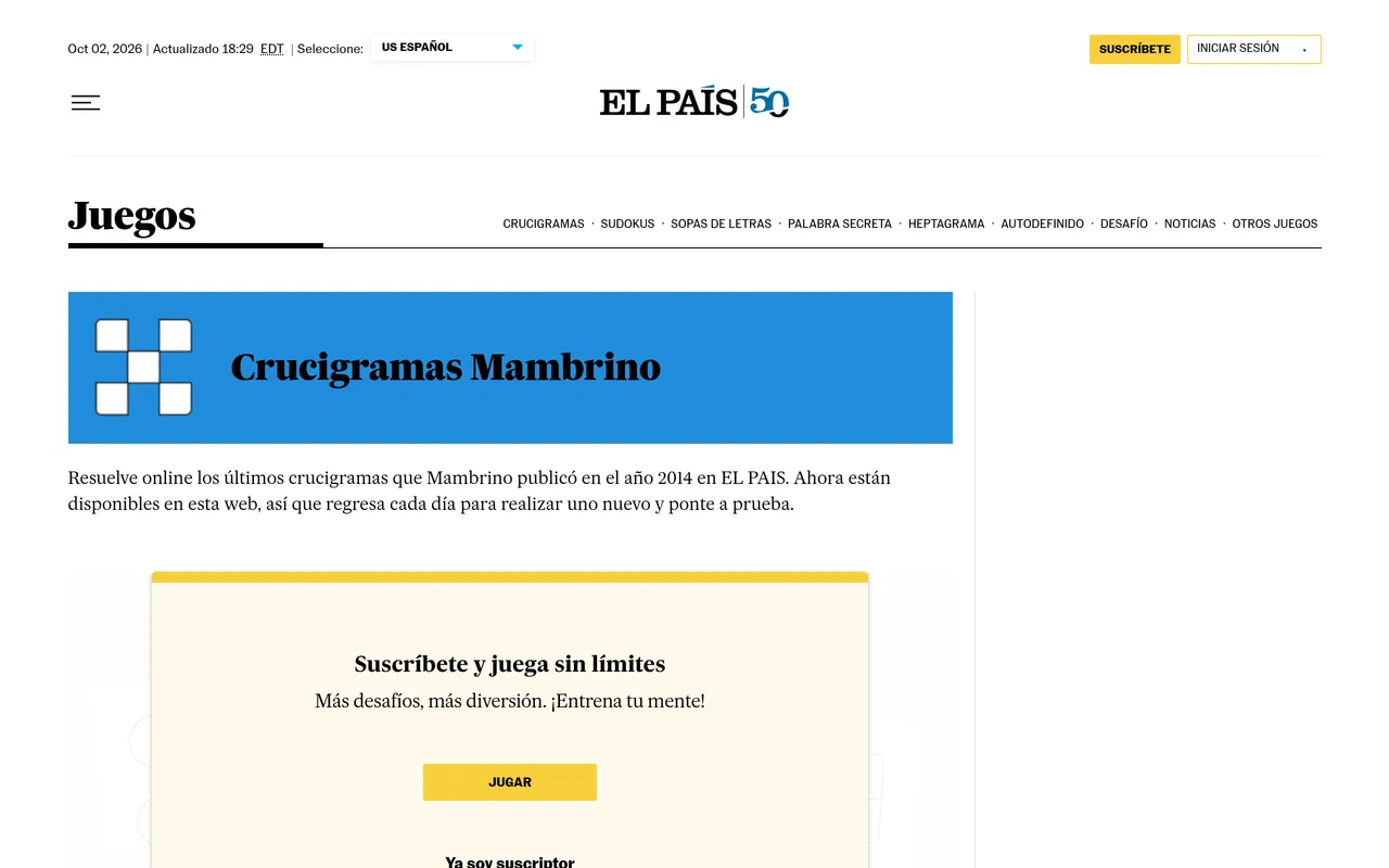 El Pais games page headed Crucigramas Mambrino with a crossword icon, a note that it republishes online the last crosswords Mambrino wrote in 2014, and a yellow card inviting you to subscribe and play