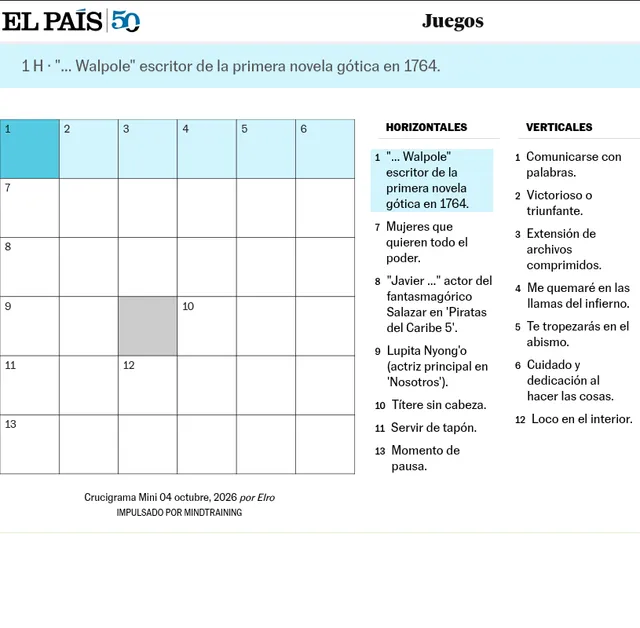 El País Crucigrama Mini for 4 October 2026 by Elro: an empty 6x6 grid with one black square beside its across and down clues in Spanish