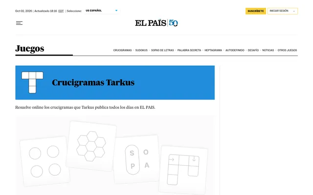 The El Pais Juegos page for Crucigramas Tarkus, with the El Pais masthead, a games menu, a blue banner with a T logo reading Crucigramas Tarkus, and the line that you can solve online the crosswords T