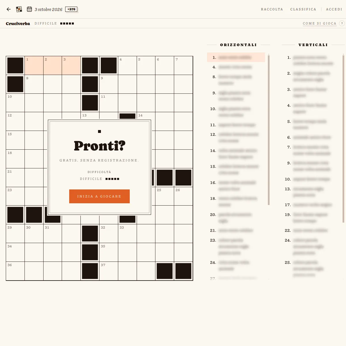 Cruciverba Lab crossword grid with the start panel Pronti? and blurred across and down clue lists