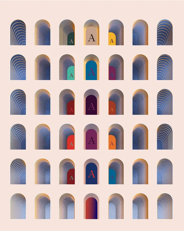 Cruciverba Illustrati artwork: rows of arched doorways, some opening on a coloured letter A