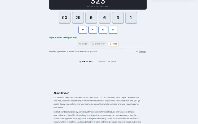 Crunch board on mindloftdaily.com: target 323 that needs 5 of the six numbers 50, 25, 9, 6, 3 and 1, with plus, minus, times and divide buttons