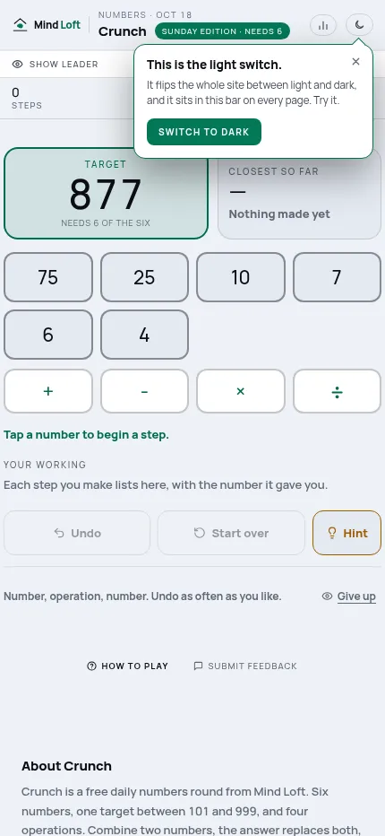 Crunch at phone size: target 877 above the six number tiles in two rows and the plus, minus, times and divide buttons, with a one-time light switch tip at the top