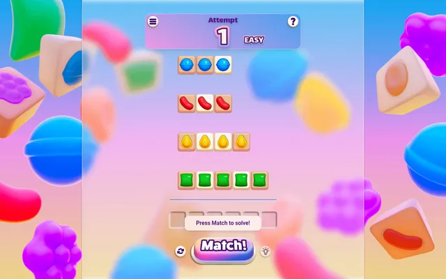Crushable board with every slot filled: rows of blue, red, yellow and green candies above the empty tray and the Match button