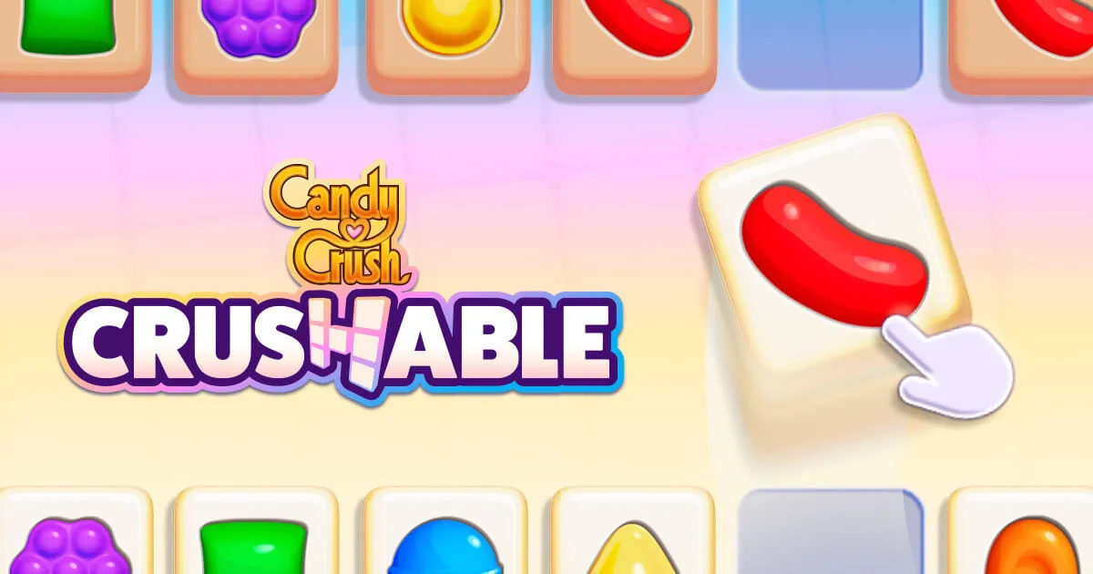Candy Crush Crushable title art: a red jelly bean candy dragged into a slot between rows of candy tiles