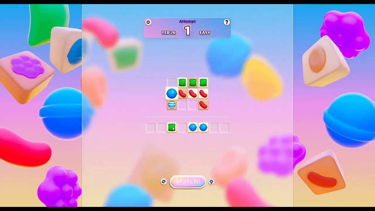 Crushable puzzle in play: a small board of candies with a row of candies below to place, and the Match button
