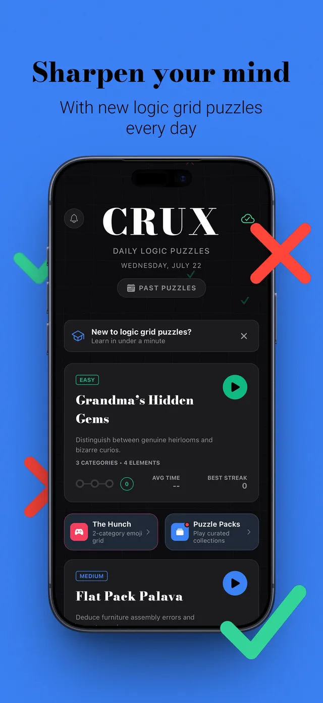 Crux home screen for Wednesday, July 22 with a Past Puzzles button, the Easy puzzle Grandma's Hidden Gems, The Hunch and Puzzle Packs, and the Medium puzzle Flat Pack Palava